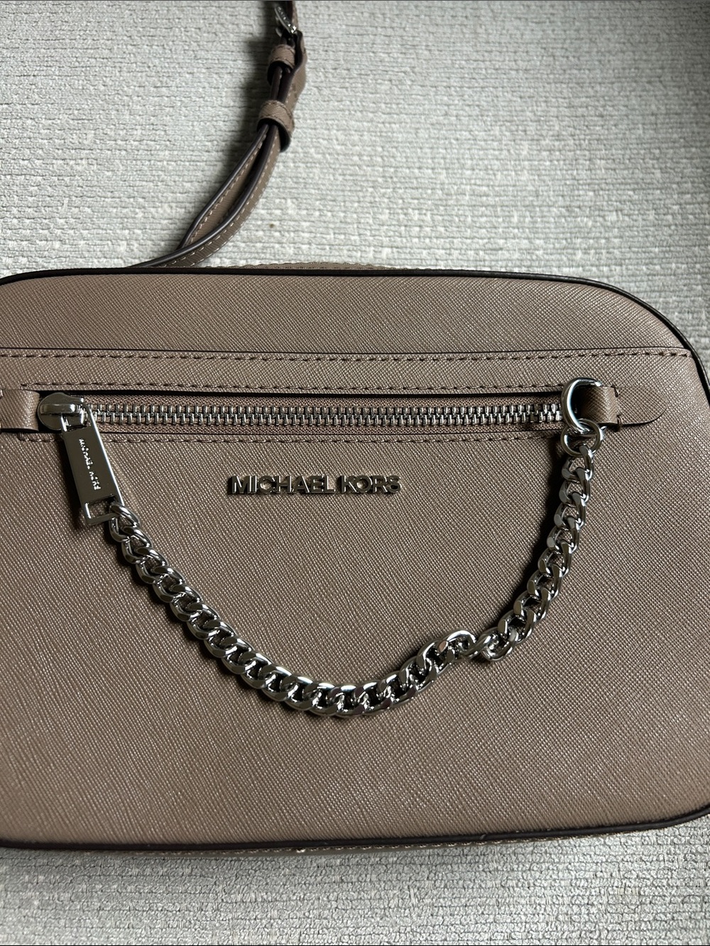 Michael Kors Taupe Saffiano Leather Crossbody with Silver Chain Detail